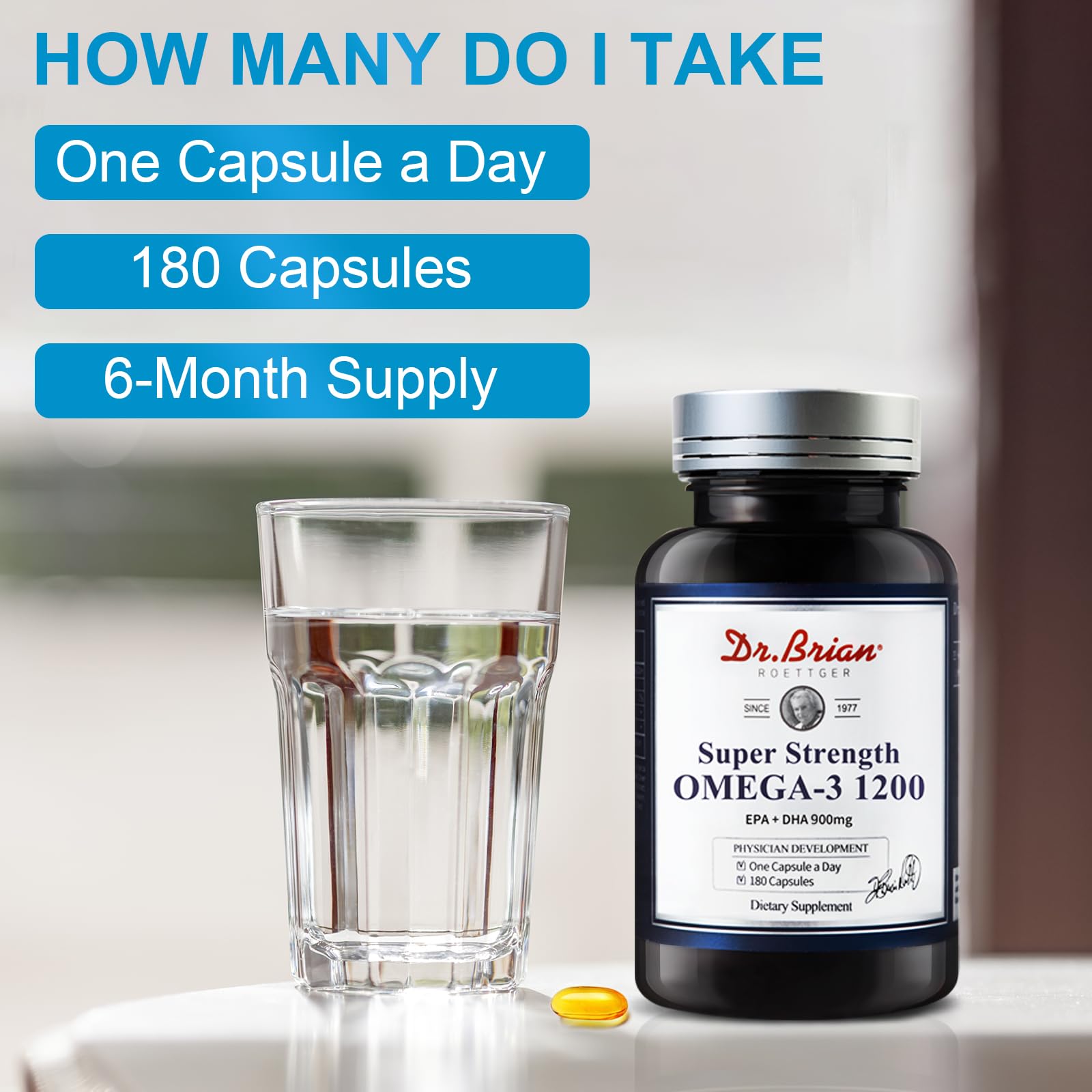 Dr.Brian Omega 3 odorless 180-day supply packaging communicates value.