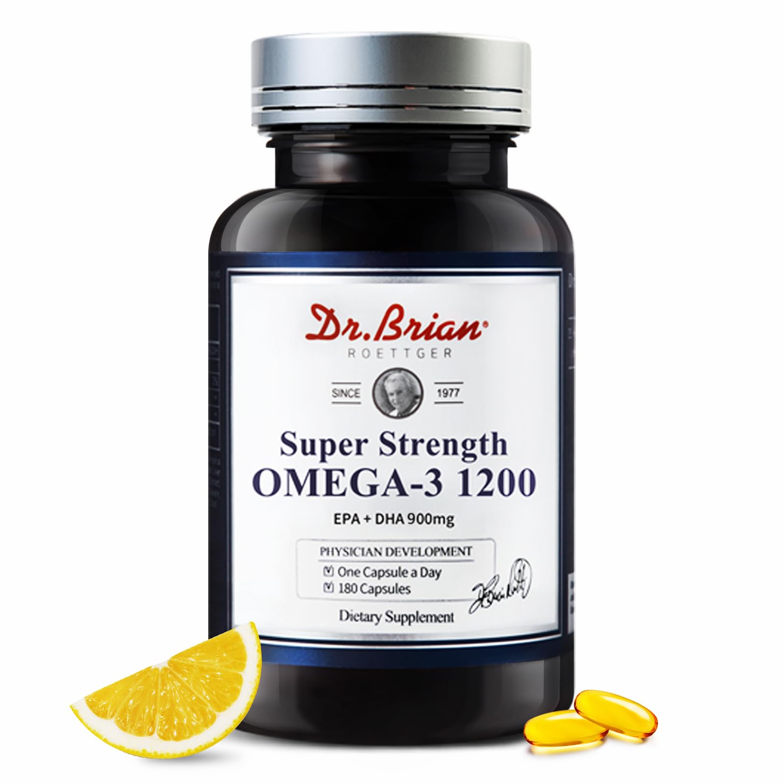Dr.Brian Omega 3 odorless fish oil bottle front highlights lemon flavor for easy daily intake.
