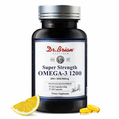 Dr.Brian Omega 3 odorless fish oil bottle front highlights lemon flavor for easy daily intake.
