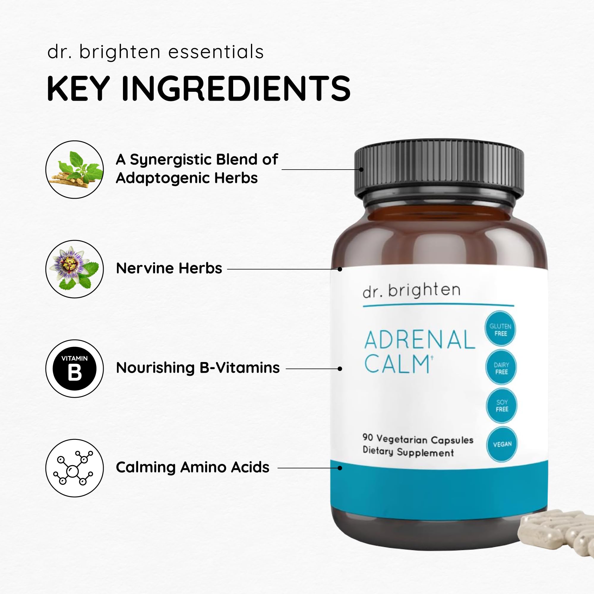 Dr. Brighten Adrenal Calm ingredients including L-Theanine and Phosphatidylserine.
