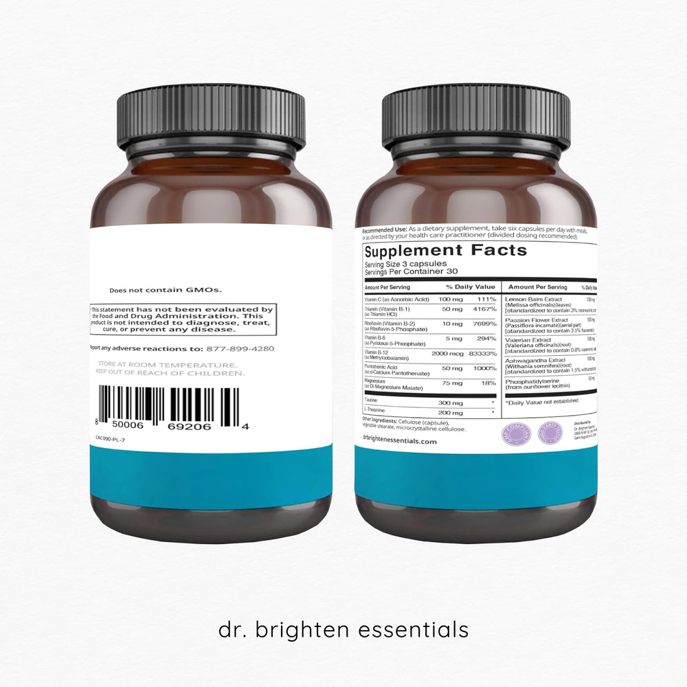 Dr. Brighten Adrenal Calm tablet displayed for daily calm and routine use.