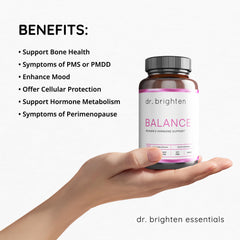 Dr. Brighten Balance label view highlights vegan, non-GMO formulation