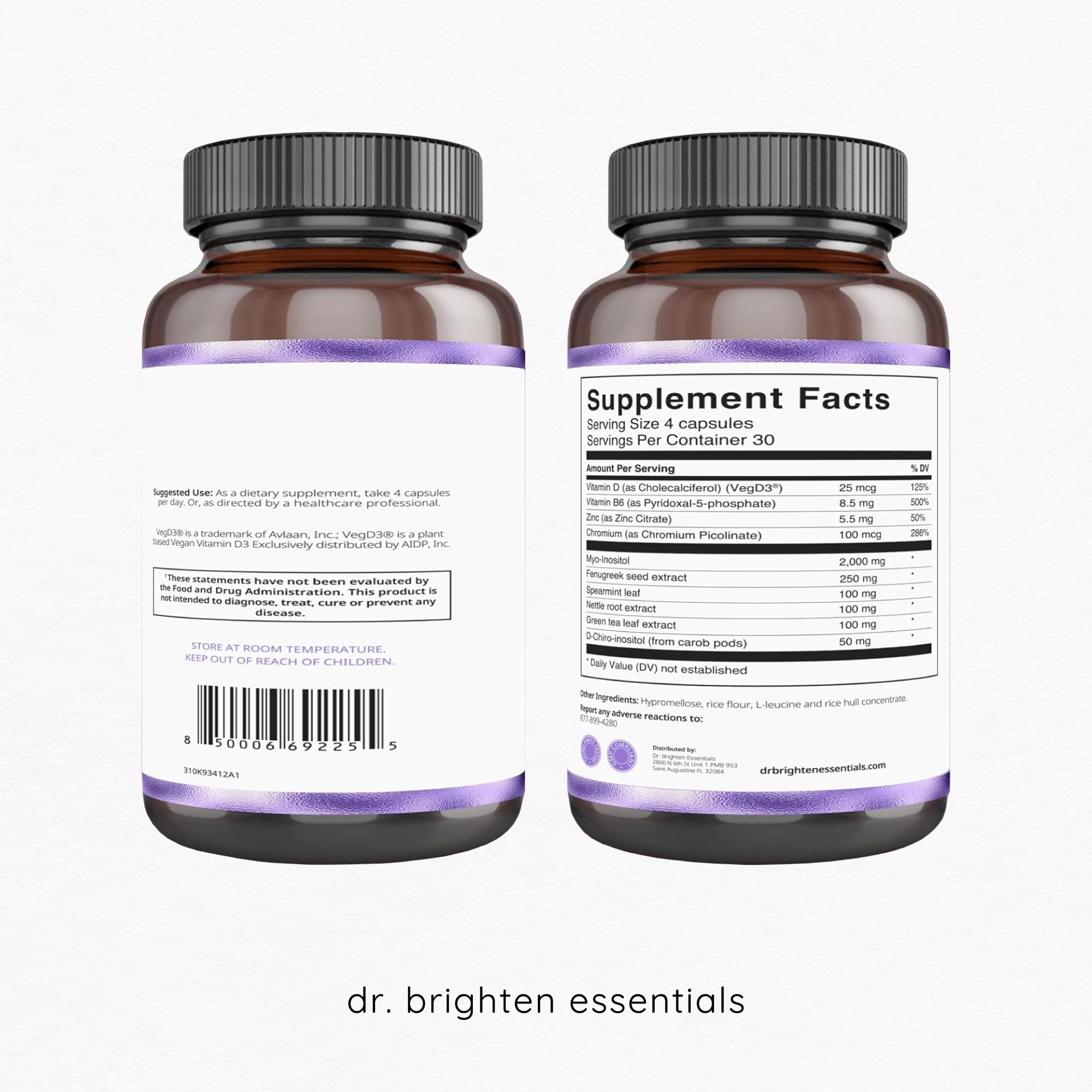 Dr. Brighten Myoinositol Plus bottle back with dosage guidance for informed use.
