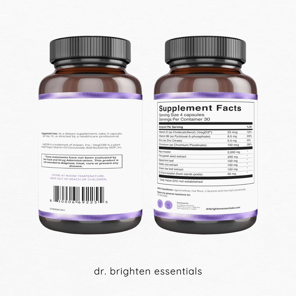 Dr. Brighten Myoinositol Plus bottle back with dosage guidance for informed use.