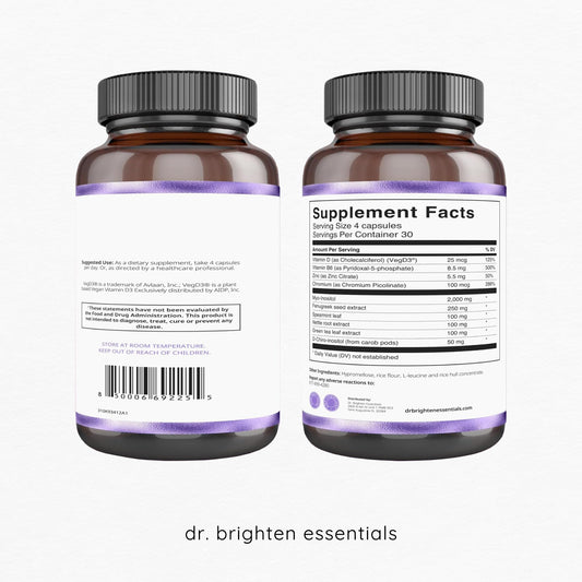 Dr. Brighten Myoinositol Plus bottle back with dosage guidance for informed use.