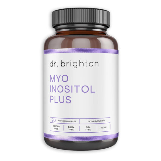 Dr. Brighten Myoinositol Plus bottle front view supports daily hormonal balance.