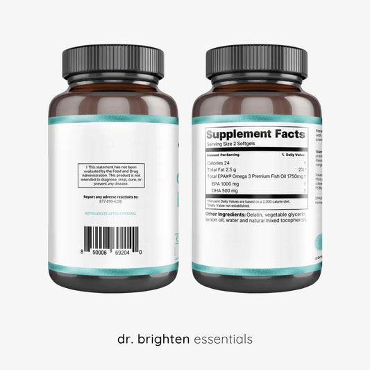 Dr. Brighten Omega Plus bottle back with supplement facts for transparency