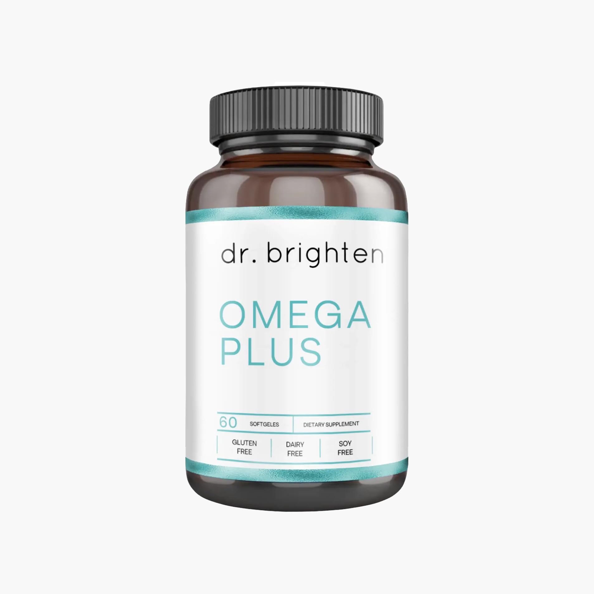 Dr. Brighten Omega Plus bottle front showing high-potency omega-3 softgels