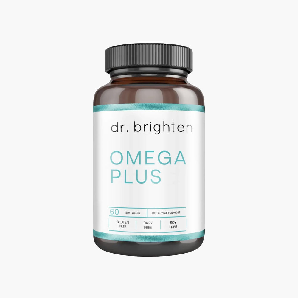 Dr. Brighten Omega Plus bottle front showing high-potency omega-3 softgels