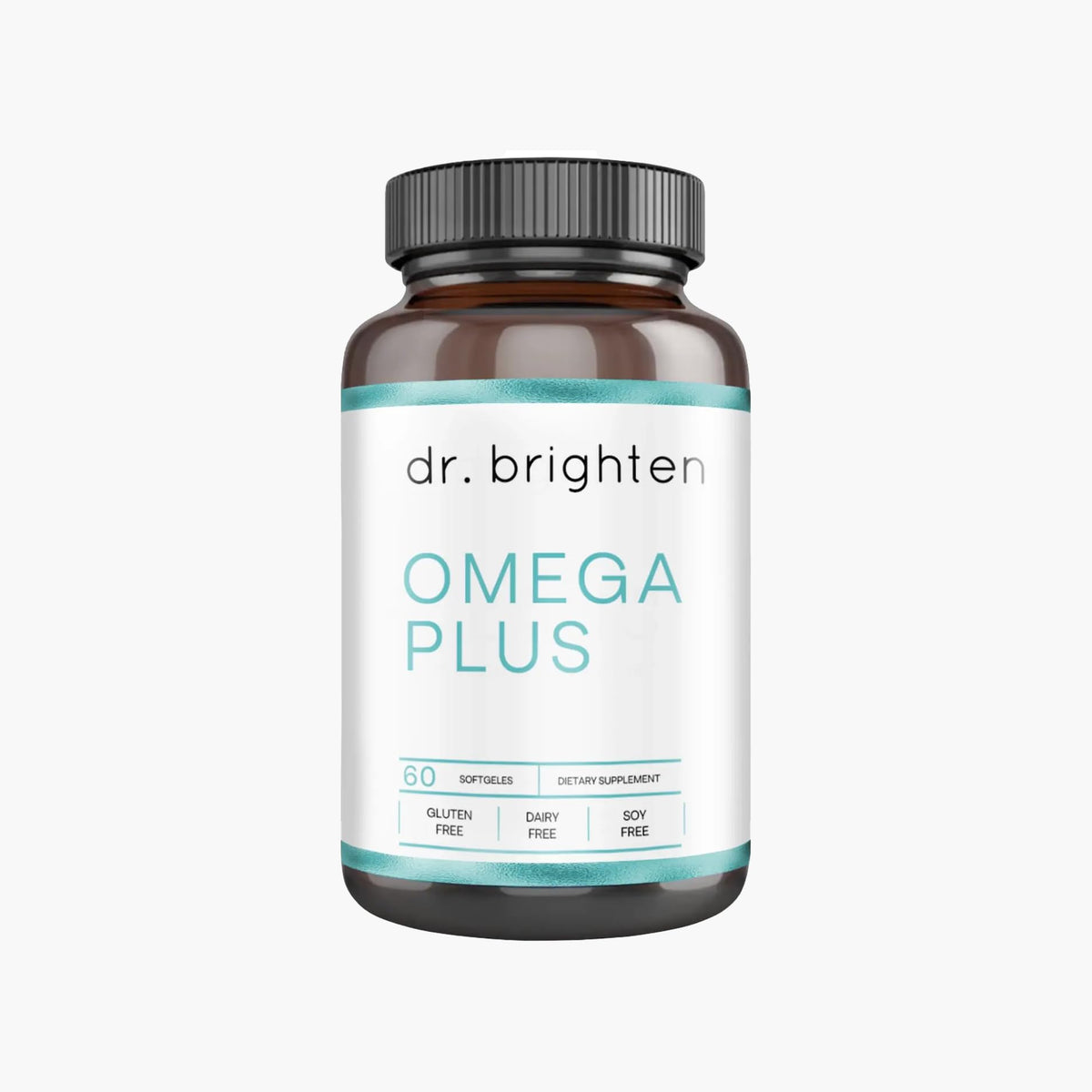 Dr. Brighten Omega Plus bottle front showing high-potency omega-3 softgels