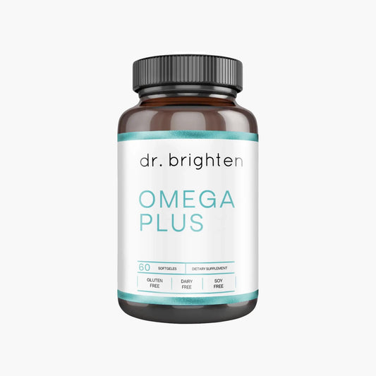 Dr. Brighten Omega Plus bottle front showing high-potency omega-3 softgels