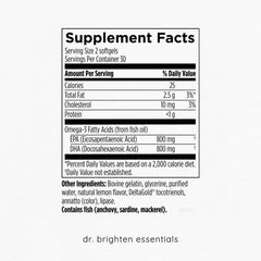 Dr. Brighten Omega Plus two softgels for daily use beside glass of water
