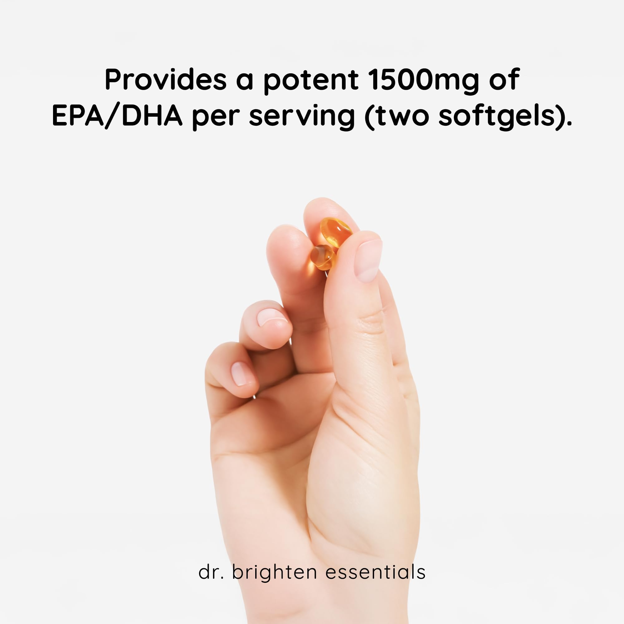 Dr. Brighten Omega Plus softgels outlined to highlight dosage per serving
