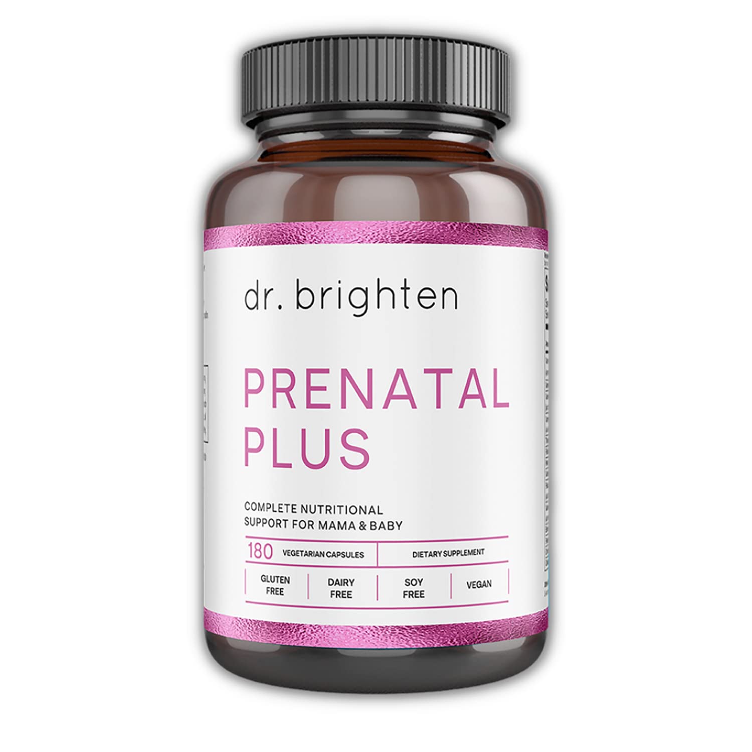 Dr. Brighten Prenatal Plus bottle shown for daily prenatal nutrition.