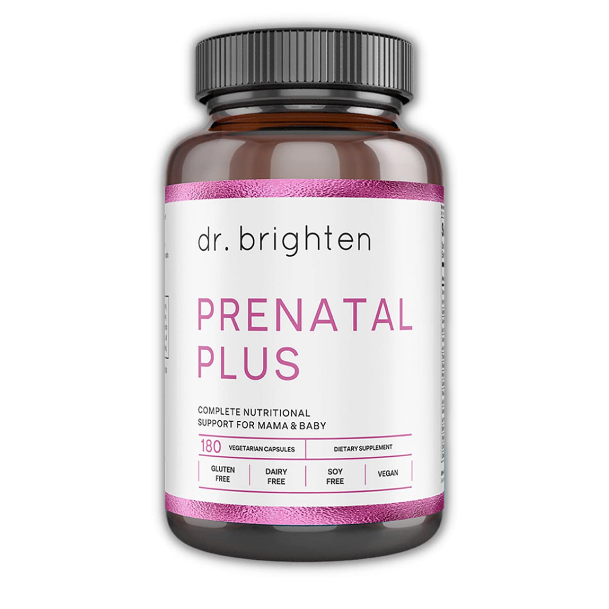 Dr. Brighten Prenatal Plus bottle shown for daily prenatal nutrition.