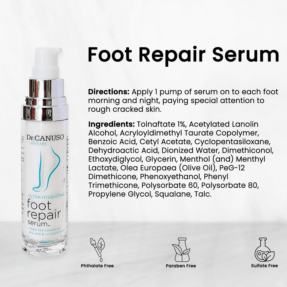 DR CANUSO Foot Care Routine laid out on a bathroom shelf