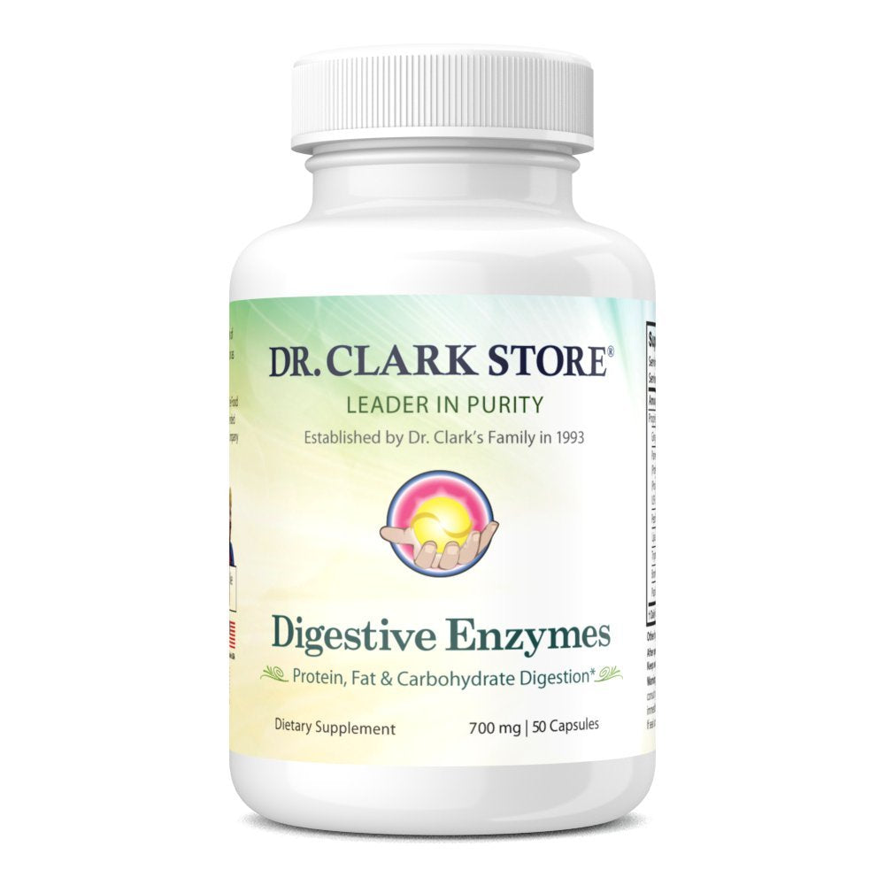 Dr Clark Digestive Enzymes bottle on a counter supports digestion