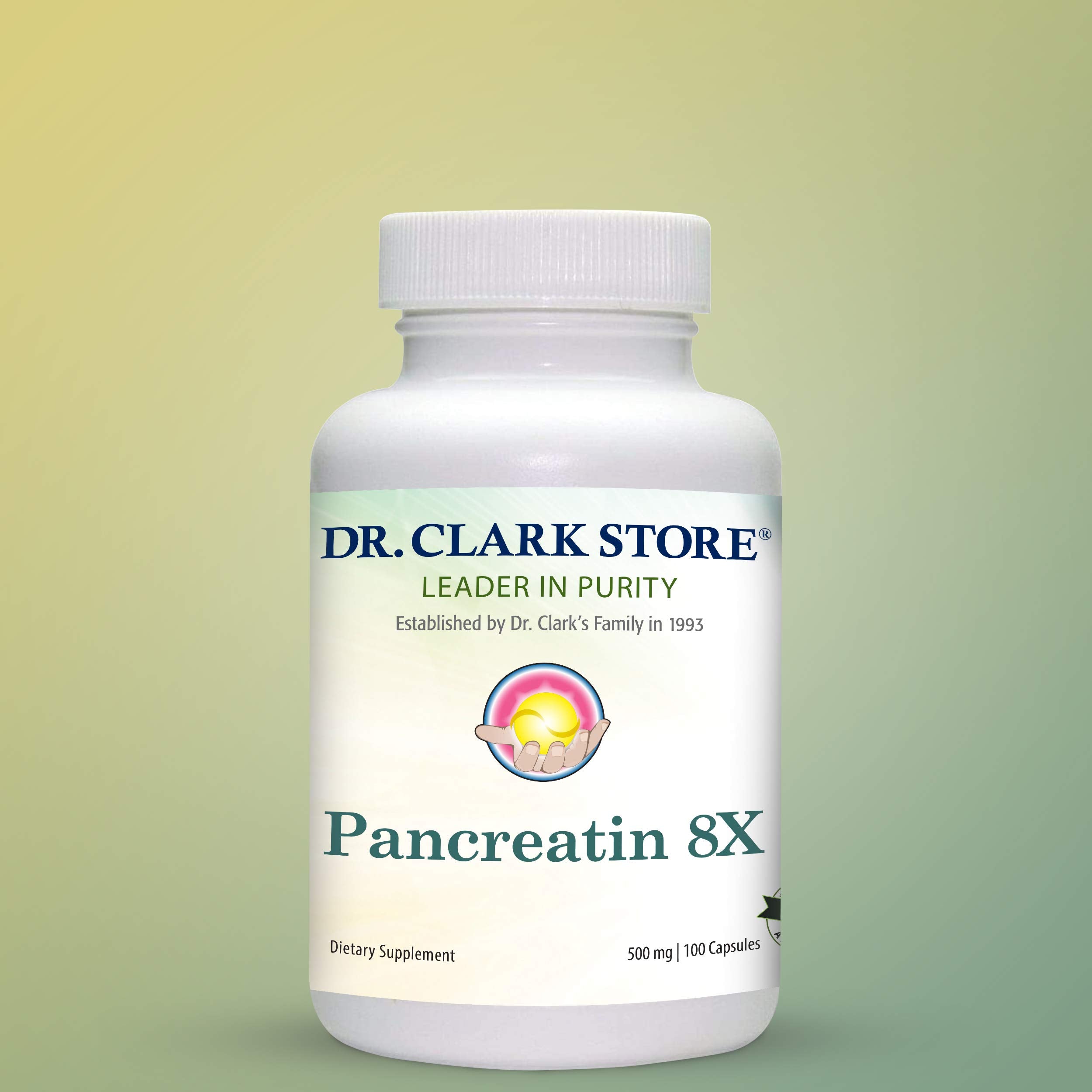Bottle back label with testing notes for Dr. Clark Pancreatin 8X