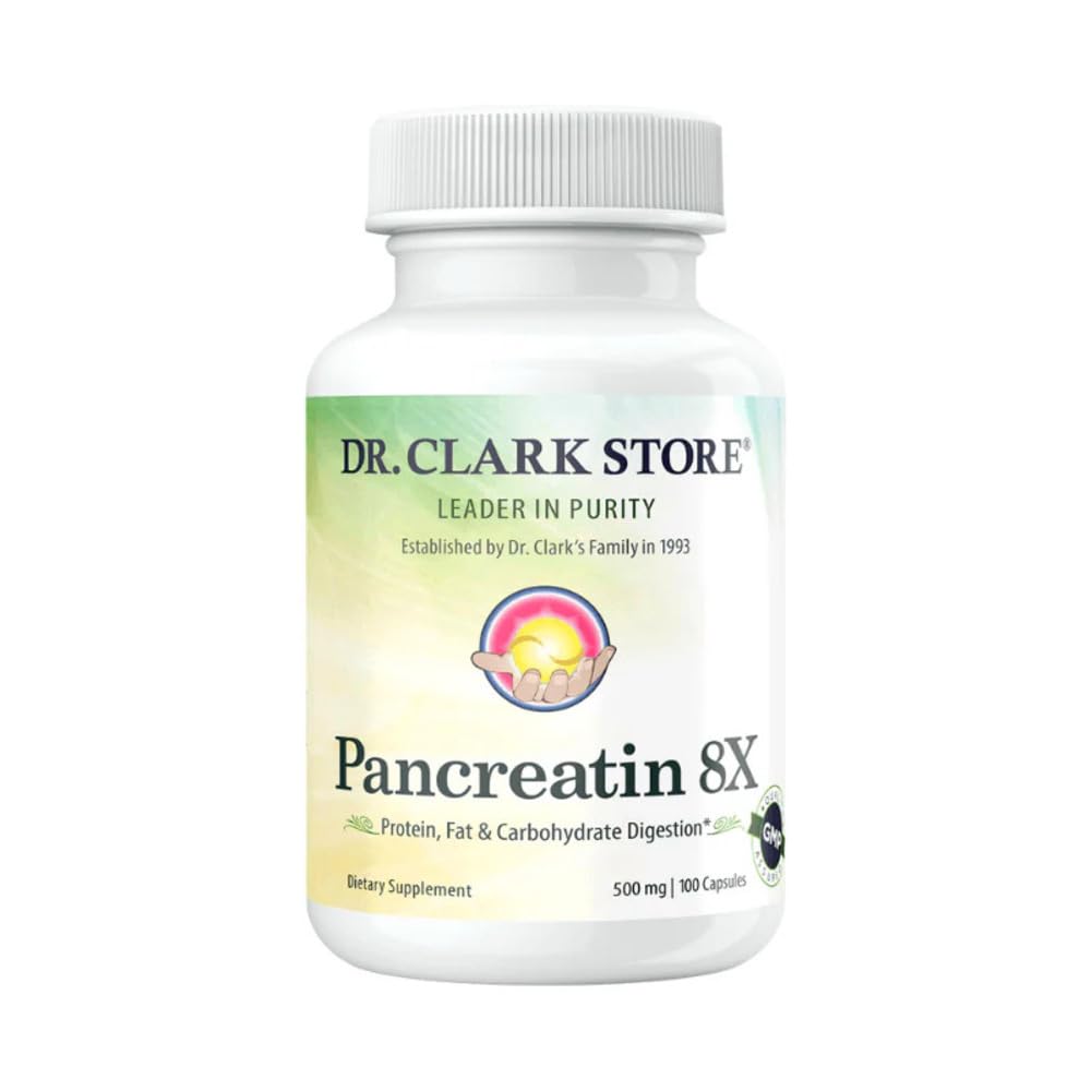 Dr. Clark Pancreatin 8X enzyme bottle front view supports protein digestion