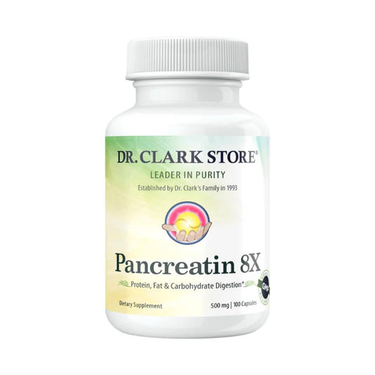 Dr. Clark Pancreatin 8X enzyme bottle front view supports protein digestion