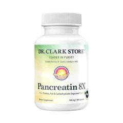 Dr. Clark Pancreatin 8X enzyme bottle front view supports protein digestion