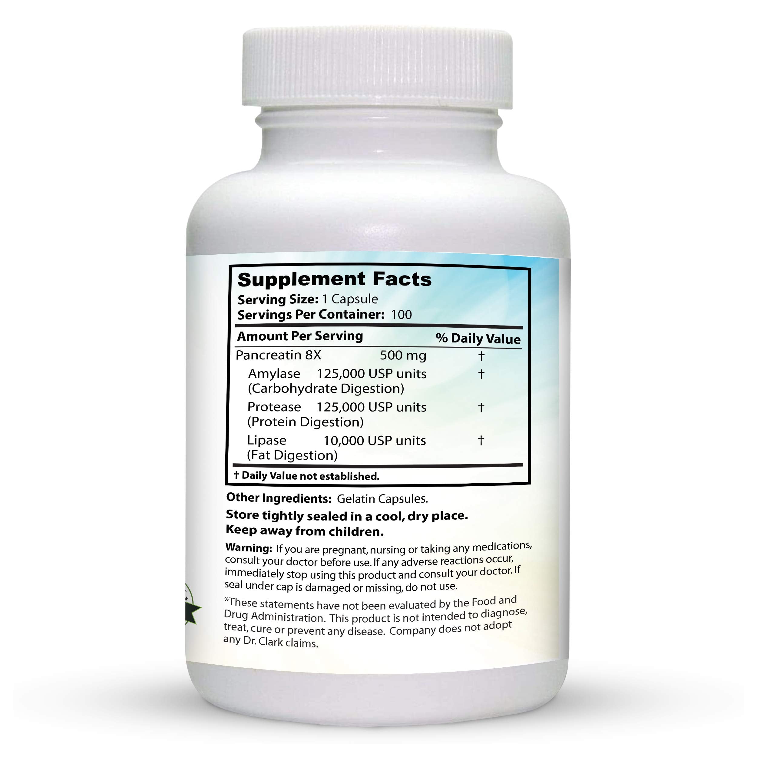 Label and ingredients of Dr. Clark Pancreatin 8X showing enzyme blend