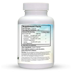 Label and ingredients of Dr. Clark Pancreatin 8X showing enzyme blend