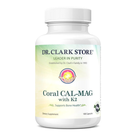 Dr Clark Store Coral Cal-Mag K2 bottle cap close-up highlights essential minerals for bone support.