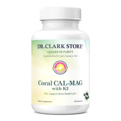 Dr Clark Store Coral Cal-Mag K2 bottle cap close-up highlights essential minerals for bone support.