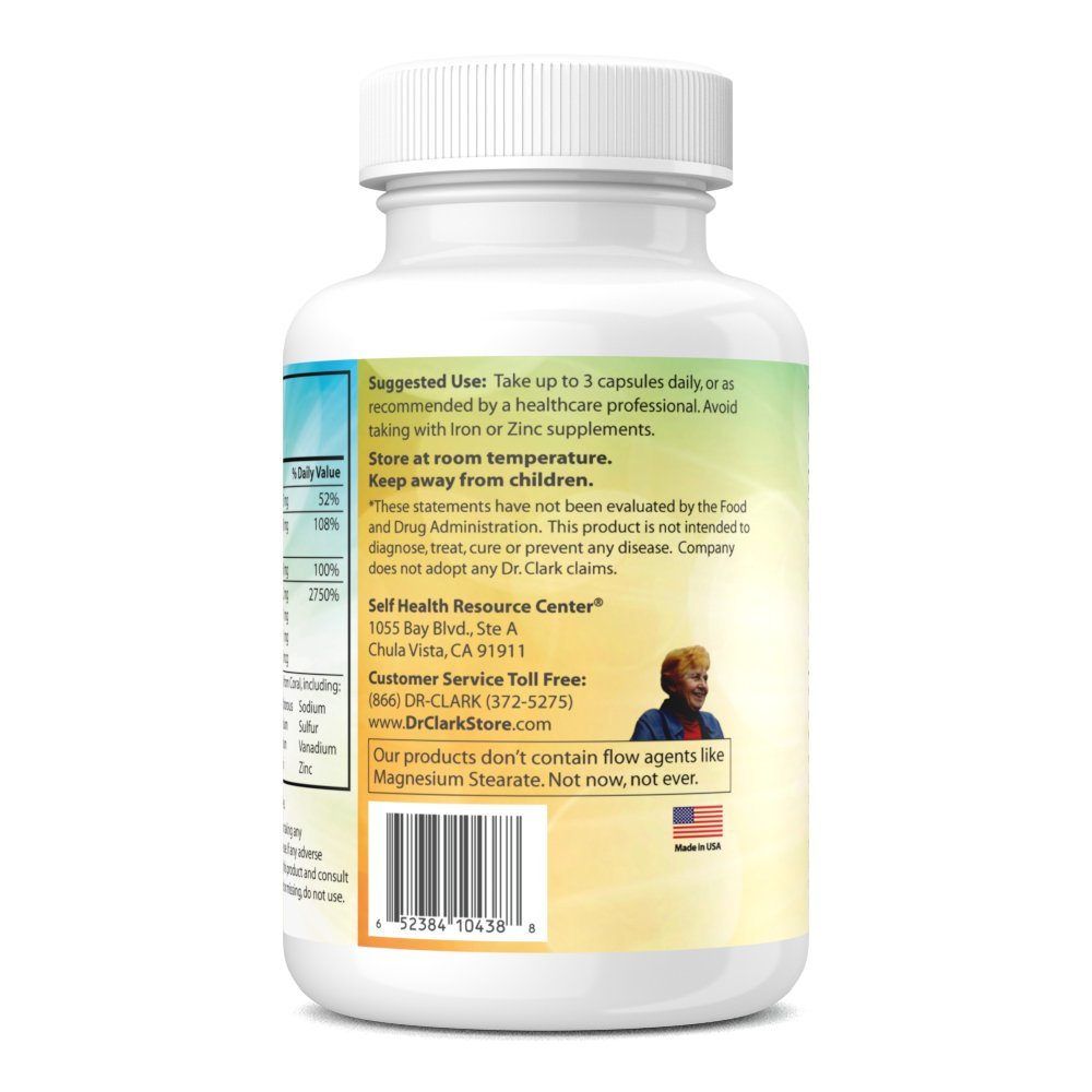 Dr Clark Store Coral Cal-Mag K2 bottle label features Vitamin K2 for bone metabolism.