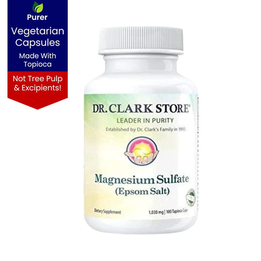 Dr Clark Store magnesium sulfate capsules closeup shows pure, filler-free design for daily wellness.