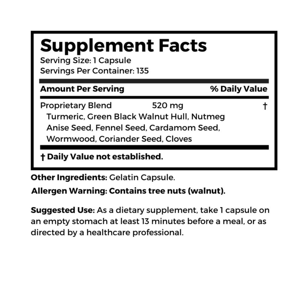 Para-Zap capsules close-up emphasizes herbal blend for digestive support.