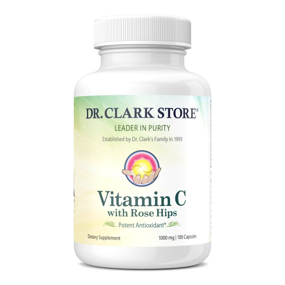 Dr. Clark Vitamin C with Rose Hips bottle shows immune support possibilities