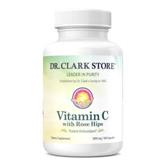 Dr. Clark Vitamin C with Rose Hips bottle shows immune support possibilities