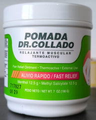 Dr Collado ointment cream jar shows a soothing texture for targeted body relief.