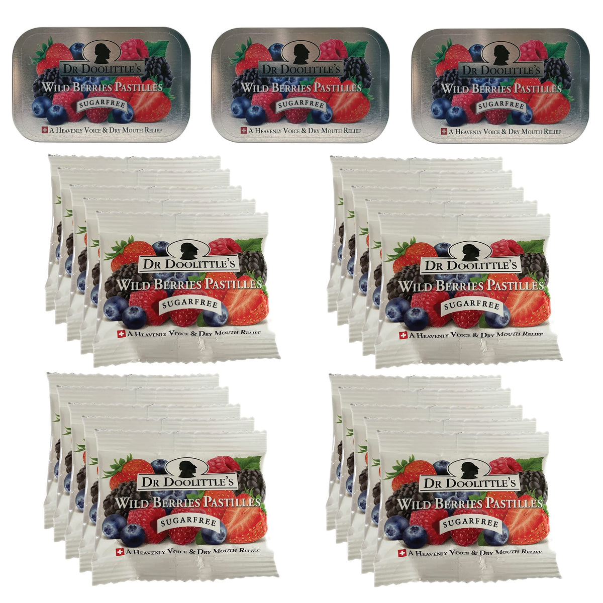 Dr Doolittle's Wild Berries pastilles in tin offer portable throat relief and sugar-free simplicity