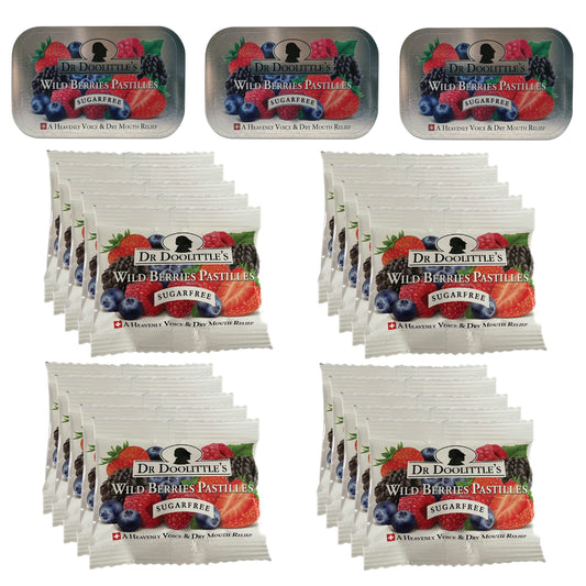 Dr Doolittle's Wild Berries pastilles in tin offer portable throat relief and sugar-free simplicity
