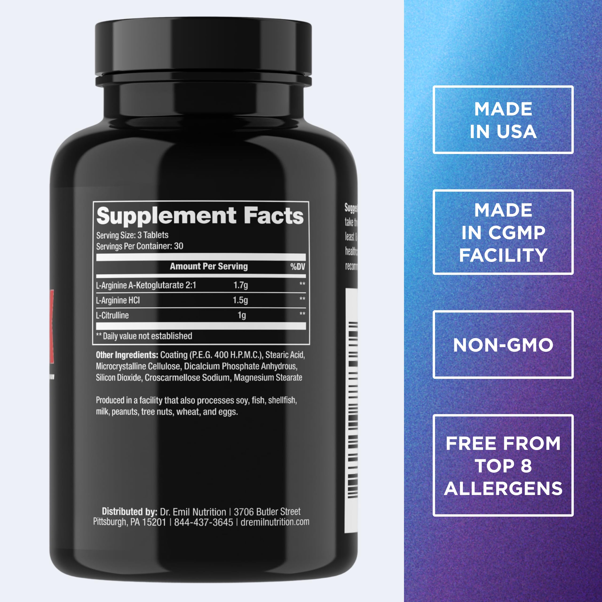 Dr. Emil Nutrition Elite L-Arginine bottle side view shows convenient tablet form.