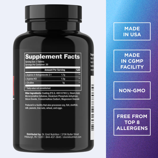 Dr. Emil Nutrition Elite L-Arginine bottle side view shows convenient tablet form.