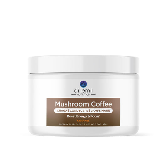 Dr. Emil Mushroom Coffee jar-front highlights instant blend for focus