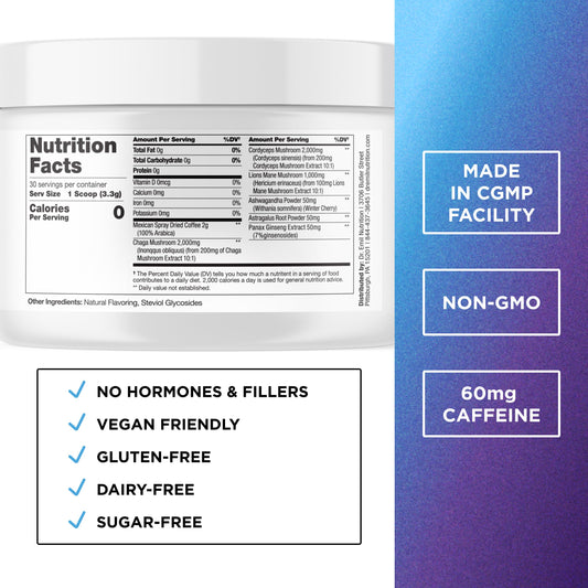 Dr. Emil Mushroom Coffee label-details shows nutrition and energizing benefits