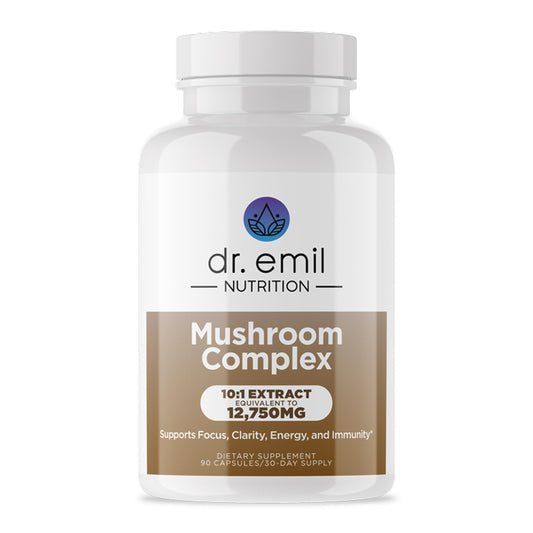 DR. EMIL NUTRITION bottle with 10-mushroom blend for daily focus