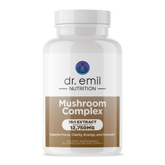 DR. EMIL NUTRITION bottle with 10-mushroom blend for daily focus