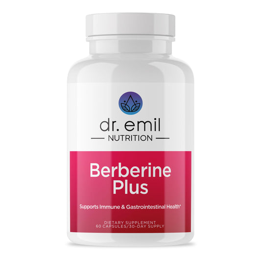 DR. EMIL NUTRITION Berberine capsules bottle shows gut health support label.