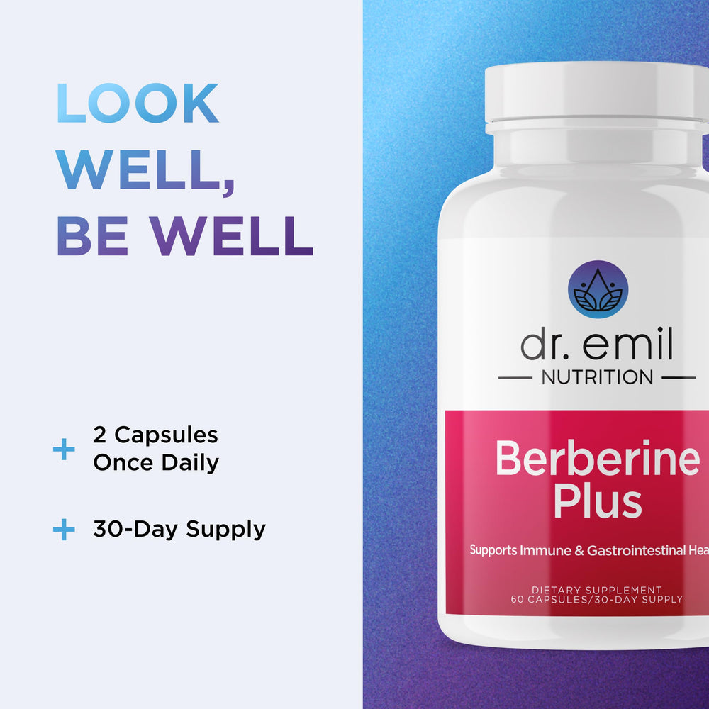 DR. EMIL NUTRITION Berberine bottle with milk thistle and MCT oil signals a holistic blend.