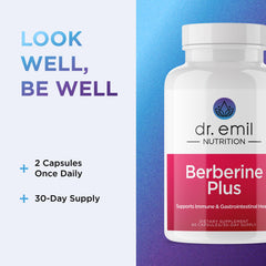 DR. EMIL NUTRITION Berberine bottle with milk thistle and MCT oil signals a holistic blend.