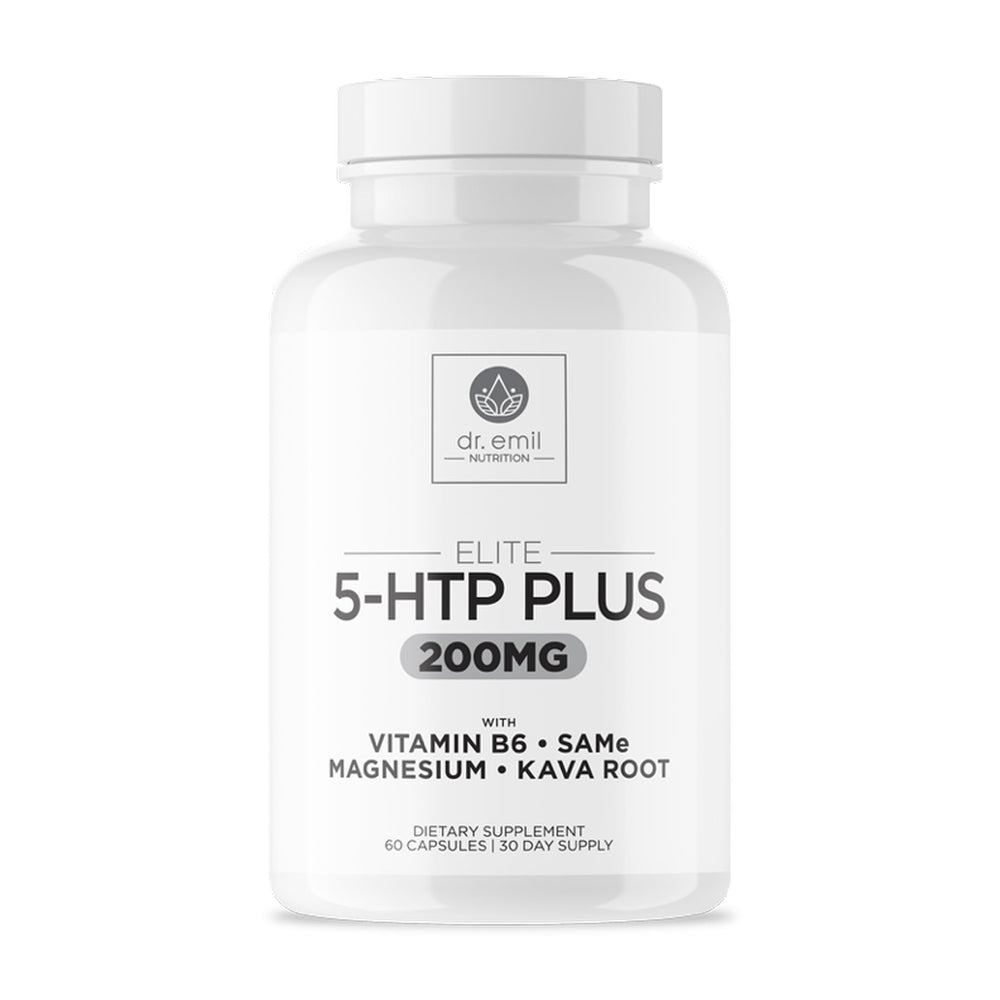 DR. EMIL NUTRITION Elite 5-HTP bottle suggesting calm evenings and better sleep.
