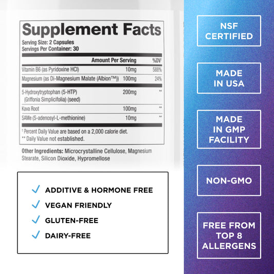 Close-up of DR. EMIL NUTRITION Elite 5-HTP capsules conveying relaxation.