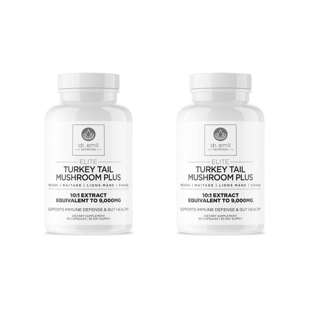 DR. EMIL NUTRITION Elite Turkey Tail bottle shows 900 mg per serving for potential immune support