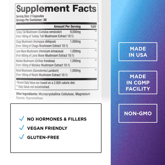 DR. EMIL NUTRITION Elite Turkey Tail label close-up highlighting gluten-free and non-GMO formula